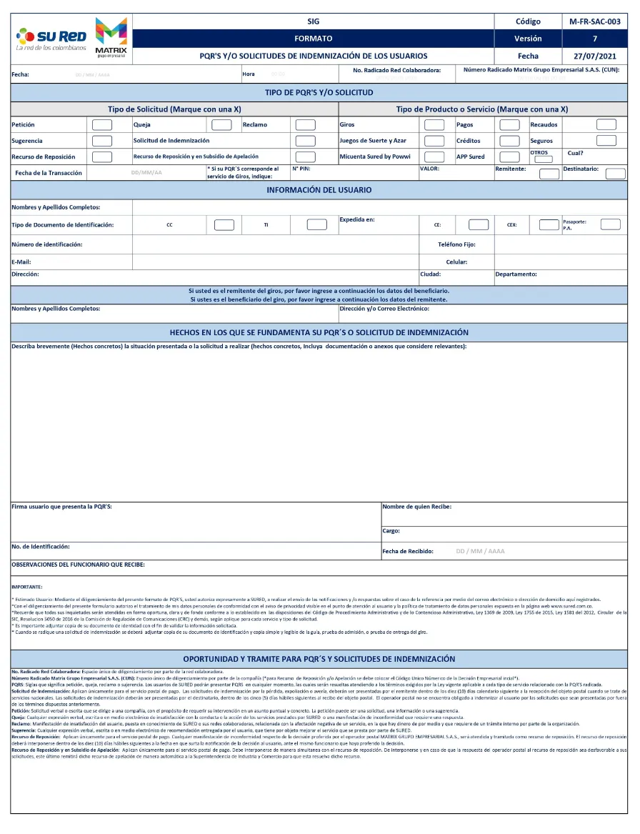 formulario pqr sured